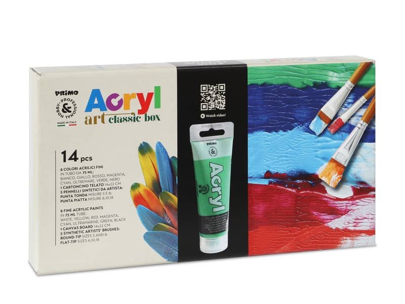 Colore acrilico Primo in bottiglia PET con tappo dosatore 75 ml 8 colori assortiti + 5 pennelli assortiti –