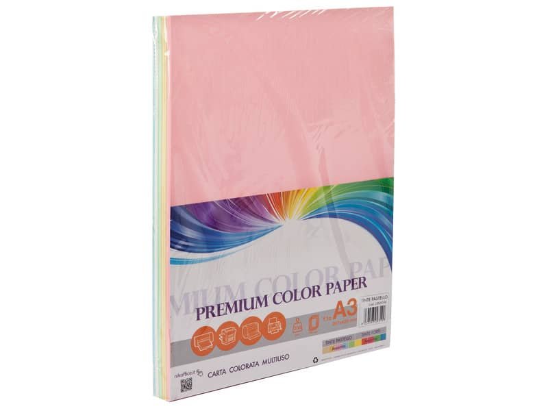 Carta colorata colori pastello formato A3 Nikoffice 5 colori assortiti pastello 200 g – 100 ff – 23NIK166
