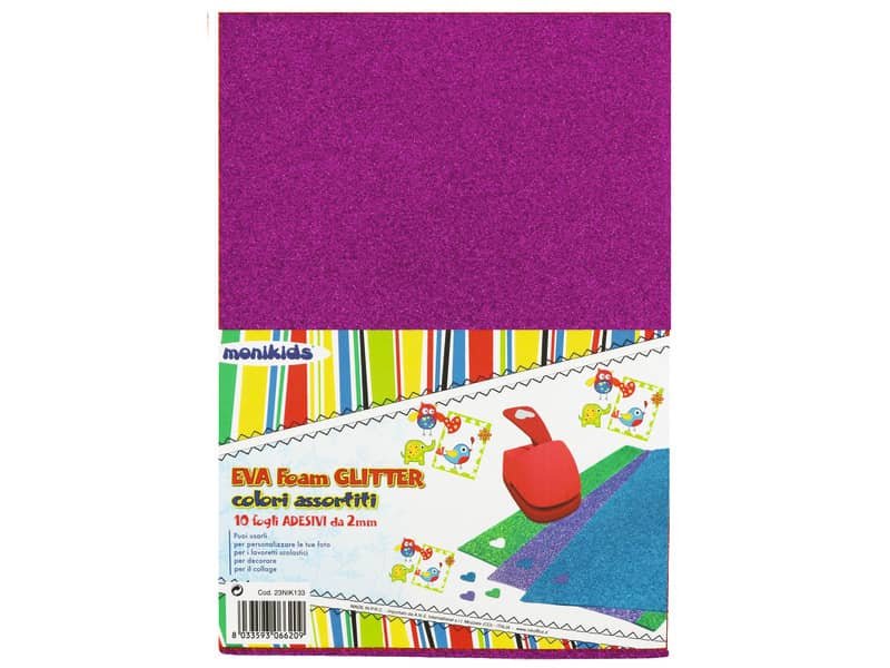 Foam in gomma Nikoffice EVA formato A4 10 ff colori assortiti glitterato adesivo – 23NIK133