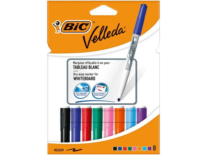Marcatore per lavagne bianche BIC Velleda 1741 punta conica 1,4 mm in conf. da 8 colori assortiti – 503844