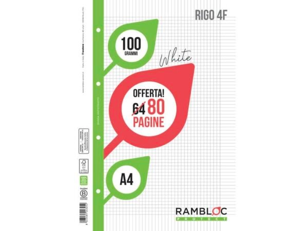 Ricambio quaderni ad anelli Rambloc formato A4 -32 ff +8 ff Rigo 4F 90524325