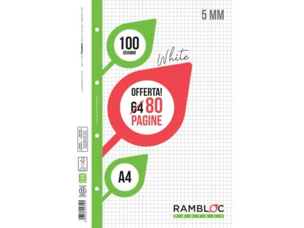 Ricambio quaderni ad anelli Rambloc formato A4 -32 ff + 8 ff 5 mm 90524319
