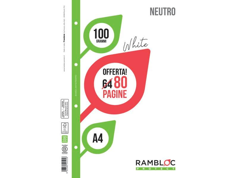 Ricambio quaderni ad anelli Rambloc formato A4 -32 ff +8 ff neutro 90524351
