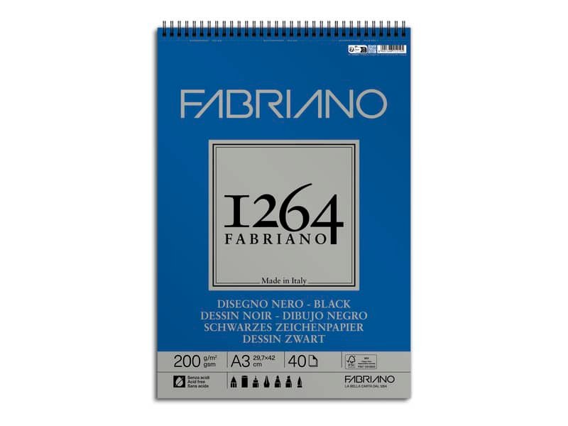Blocco da disegno spiralato 1264 200 g – 40 fogli neri A3 – 19100653