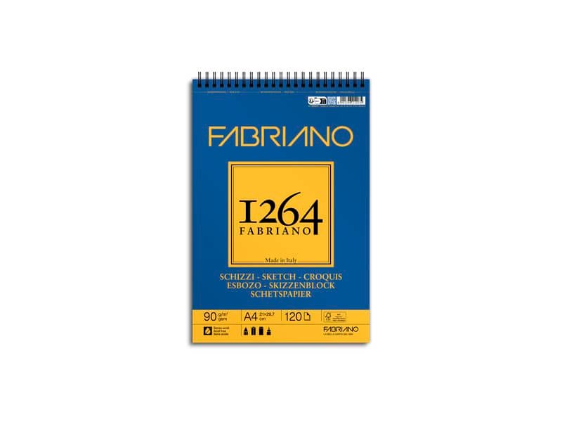 Blocco spiralato Fabriano 1264 schizzi 90 g 120 fogli A4 – spirale lato corto – 19100637