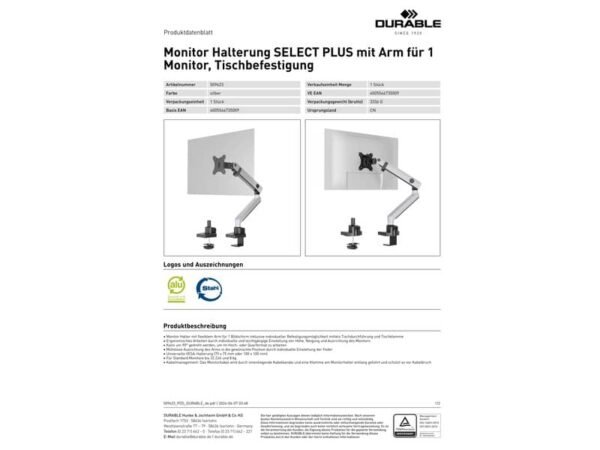 Braccio porta 1 monitor da tavolo Durable Select Plus con braccio estensibile 530x450x108 mm - 5096-23