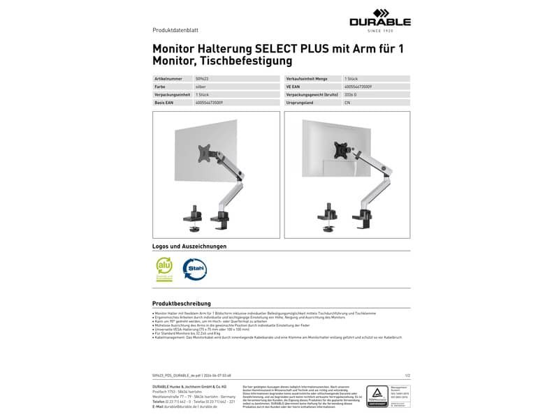 Braccio porta 1 monitor da tavolo Durable Select Plus con braccio estensibile 530x450x108 mm – 5096-23