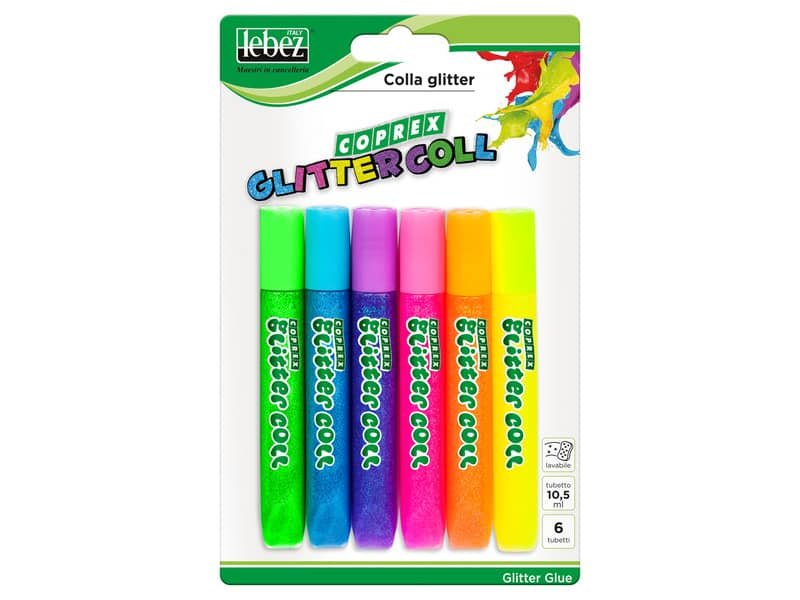 Colla glitter Lebez Cropex in tubetto fluo – blister da 6 tubetti 10,5 ml – colori assortiti – 80027