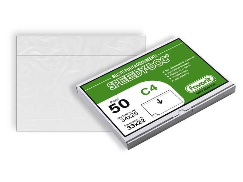 Buste adesive trasparenti per spedizioni Favorit Speedy Doc C4 in PE conf. da 50 buste 34×24,8 cm – 100500103