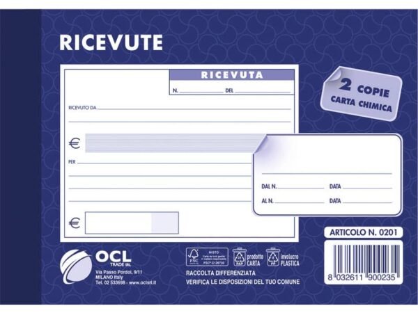 Blocco ricevute generiche O.C.L. formato 15x10 cm 50x2 copie 0201N