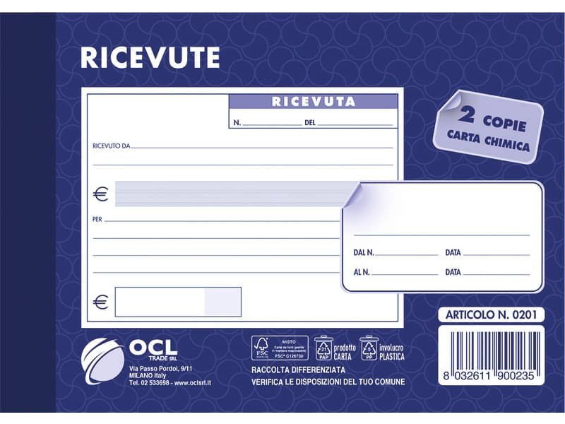 Blocco ricevute generiche O.C.L. formato 15×10 cm 50×2 copie 0201N