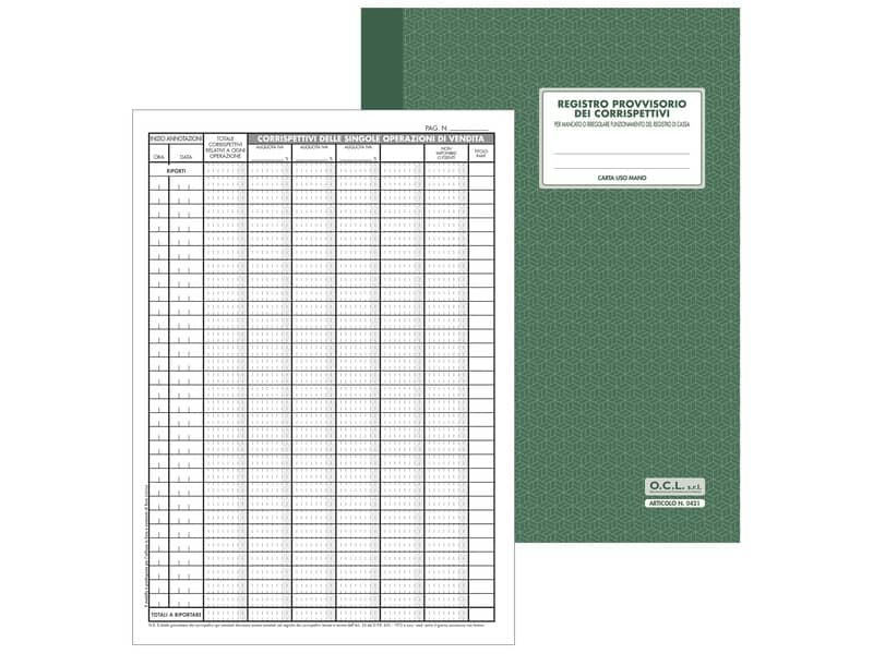 Registro provvisorio dei corrispettivi per mancato funzionamento registratore di cassa O.C.L. 21×29,7 cm – 0421