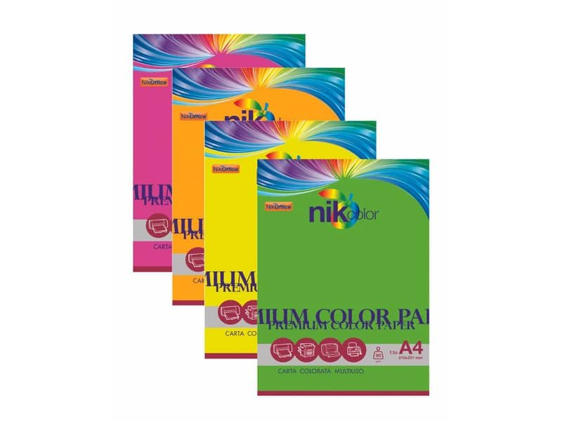 Carta colorata fluo formato A4 Nikoffice 4 colori assortiti fluo 80 g – 100 ff – 23NIK118