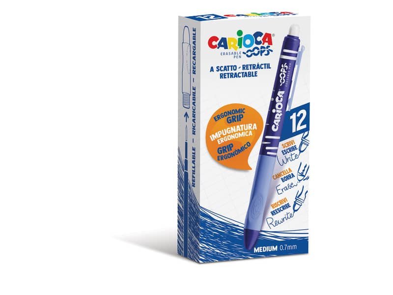 Penne a scatto cancellabili Carioca OOPS inchiostro termosensibile M 0,7 mm conf. da 12 blu – 43043/02