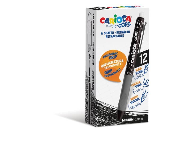 Penne a scatto cancellabili Carioca OOPS inchiostro termosensibile M 0,7 mm conf. da 12 nero – 43043/01