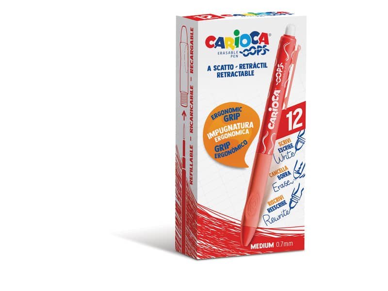 Penne a scatto cancellabili Carioca OOPS inchiostro termosensibile M 0,7 mm conf. da 12 rosso – 43043/03