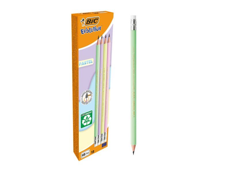 Matita Evolution BIC Pastel – conf. 12 pezzi – colori assortiti – con gommino – 518306