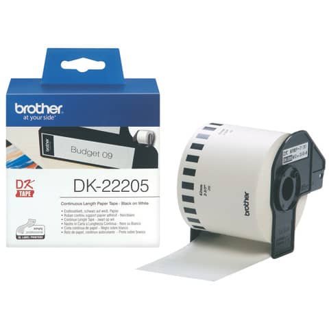 Rotolo di etichetta continua in carta adesiva nero/bianco Brother 62 mm x 30,48 mt – DK22205