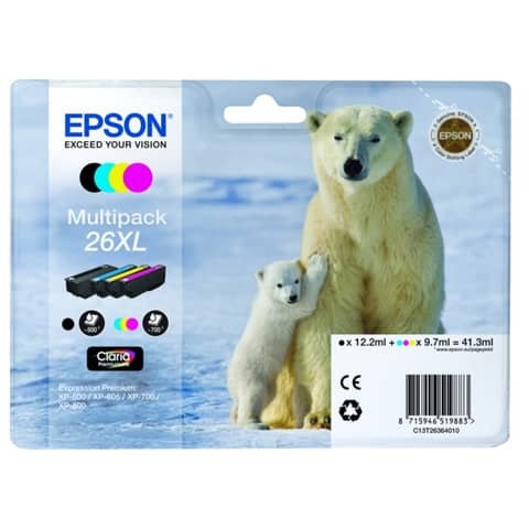 Cartucce inkjet alta resa Orso polare 26XL Epson n+c+m+g Conf. 4 – C13T26364010