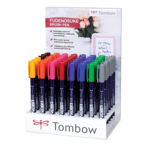 Espositore 48 marker calligrafico Tombow Fudenosuke Fluo punta brush – 6 colori assortiti fluo – PWS-BH-48P-2-A