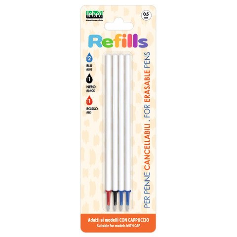 Conf. 12 blister da 4 refill inchiostro cancellabile Lebez blu, nero, rosso per penne 0,5 mm con cappuccio – 81808