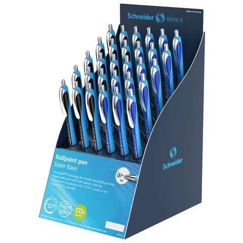 Espositore 30 penne a sfera a scatto ricaricabili Schneider Slider Rave tratto XB – colori fusto blu/nero –