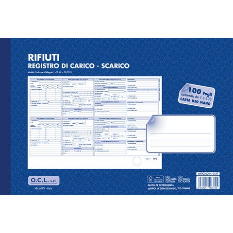 Registro carico-scarico rifiuti O.C.L. – conf. 10 blocchi – carta usomano 1-100 fogli 31×21 cm – 0437