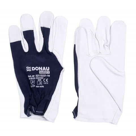 Guanti da lavoro in pelle di capra con polsino elastico bianco-blu navy Donau Safety conf. 12 pz Tg. 8/M – 32113221-08