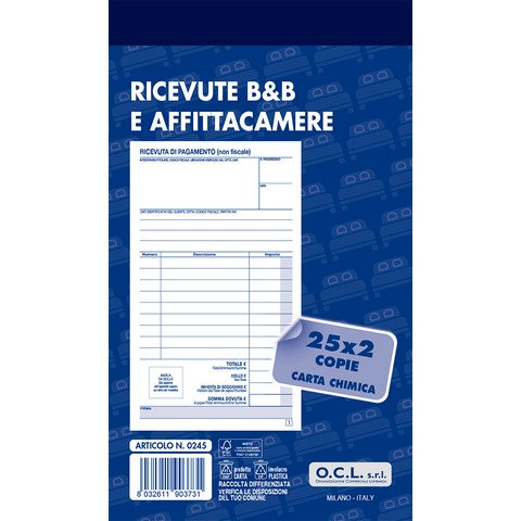 Blocco ricevute B&B e affittacamere O.C.L. 25×2 copie – conf. 10 blocchi – 9,9×17 cm – 0245