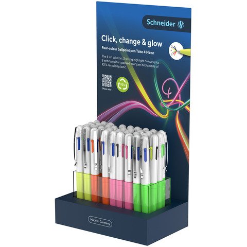 Espositore 36 penne a sfera 4 colori Schneider Take 4 Neon tratto M – colori fusto assortiti Neon – P307212