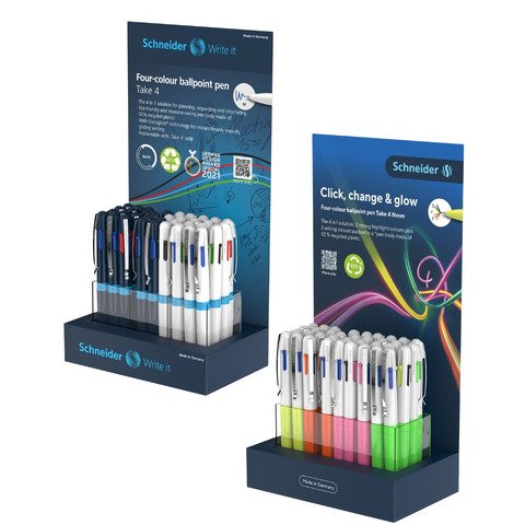 Espositore 72 articoli penne a sfera 4 colori Schneider Take 4 tratto M – colori fusto Neon + blu/bianco – P989014