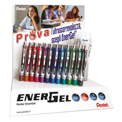 Espositore 84 articoli di cui 42 penne roller a scatto Pentel Energel XM + 42 refill in omaggio colori assortiti –