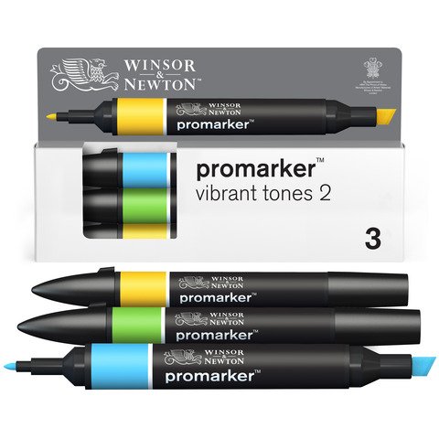 Pennarelli Winsor&Newton Promarker doppia punta fine-larga – conf. 3 pz tonalità vibranti – giallo, azzurro, blu