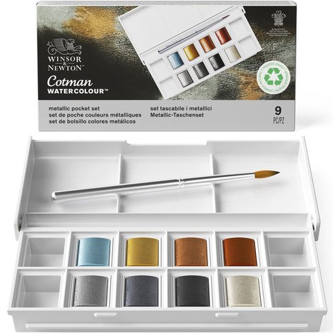 Acquerelli Winsor&Newton Cotman – conf. 8 mezzi godet in colori metallici assortiti 0390702