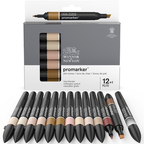 Pennarelli Winsor&Newton Promarker doppia punta fine-larga – conf. 12 pz toni carne + blender – 0290172