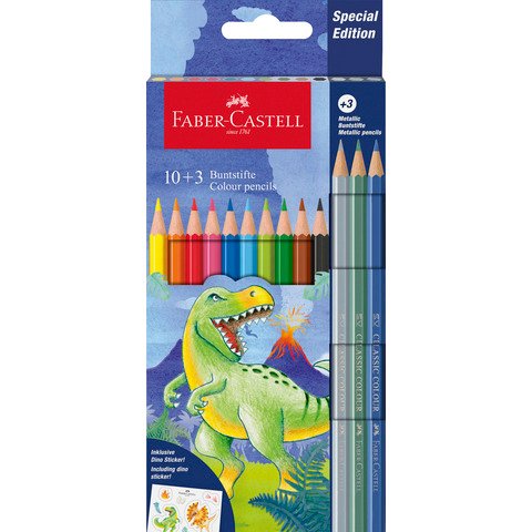 Matite colorate Faber-Castell fusto esagonale in conf. da 10 Classic dinosauro + 3 Metallic – 111213