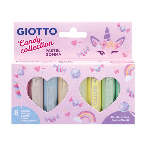 Gomme Giotto Pastel Candy Collection conf. 8 pezzi in astuccio appendibile colori assortiti – F232300