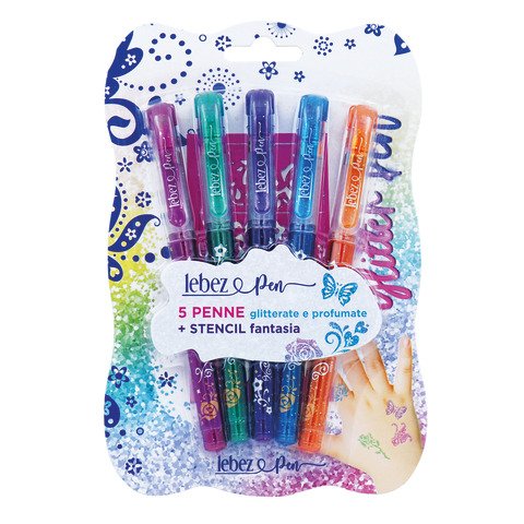 Penna gel glitter con cappuccio e inchiostro profumato + stencil Lebez – conf. 8 colori assortiti – 5320