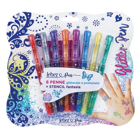 Penna gel glitter con cappuccio e inchiostro profumato + stencil Lebez – conf. 6 colori assortiti – 5340