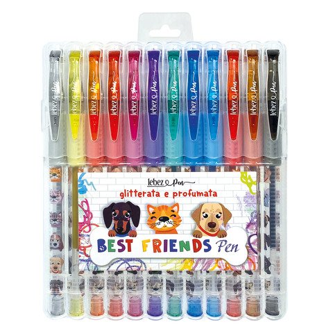 Penna gel glitter con cappuccio e inchiostro profumato Lebez Animals Soft Grip – conf. 12 colori assortiti – 81186