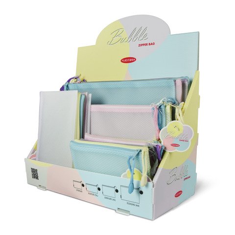 Espositore 40 buste Plastibor Bubble in EVA con zip cucita in tessuto – formati e colori pastello assortiti – P9431090