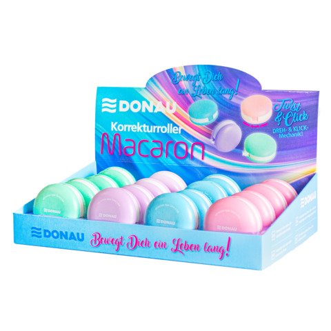 Espositore 16 correttori a nastro a forma di macarons Donau 5 mm x 6 m in 4 colori assortiti – 330410916