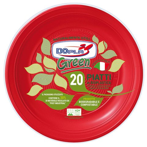 Piatti piani biodegradabili e compostabili Dopla Green Ø 220 mm – colore rosso – conf. 20 pz – 40037
