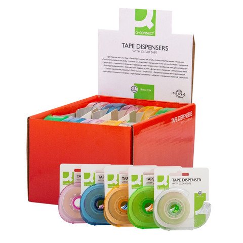 Espositore 10 nastri adesivi trasparenti con dispenser a chiocciola in blister Q-Connect assortiti – 19mmx33m – KF27009