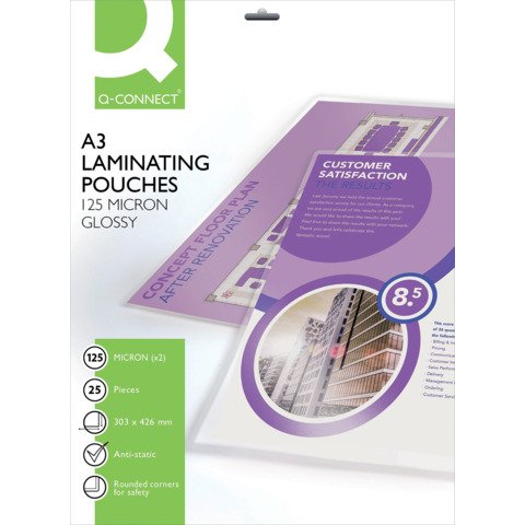 Pouches per plastificatrici Q-Connect 303×426 mm finitura lucida – 125 µm A3 – conf. 25 pz – KF04128