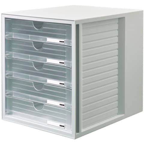Cassettiera a 5 cassetti per carta (DIN A4/C4) Han L.275xH.320xP.330 mm grigio chiaro lucida – 1450-63