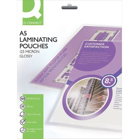 Pouches per plastificatrici Q-Connect 153×216 mm finitura lucida – 125 µm A5  – conf. 25 pz – KF04112
