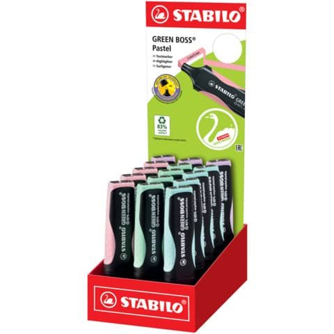 Espositore da banco 15 evidenziatori Stabilo Green Boss Pastel – colori assortiti – 6070/15-2