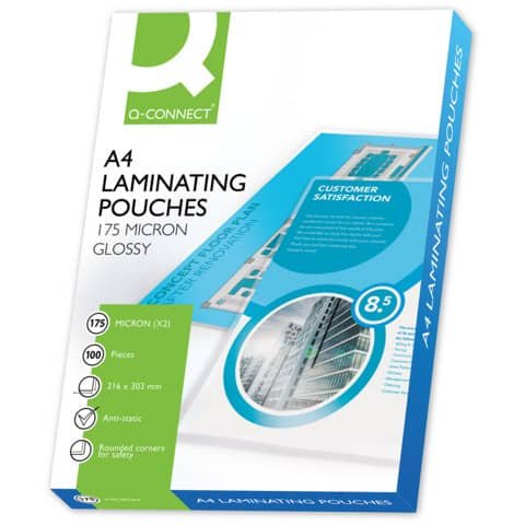 Pouches per plastificatrici Q-Connect 216×303 mm lucide A4 conf. 100 pz 175 micron – KF11342