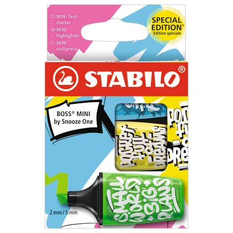 Astuccio 3 evidenziatori Stabilo Boss Mini by Snooze One – colori assortiti verde, blu e giallo – 07/03-61